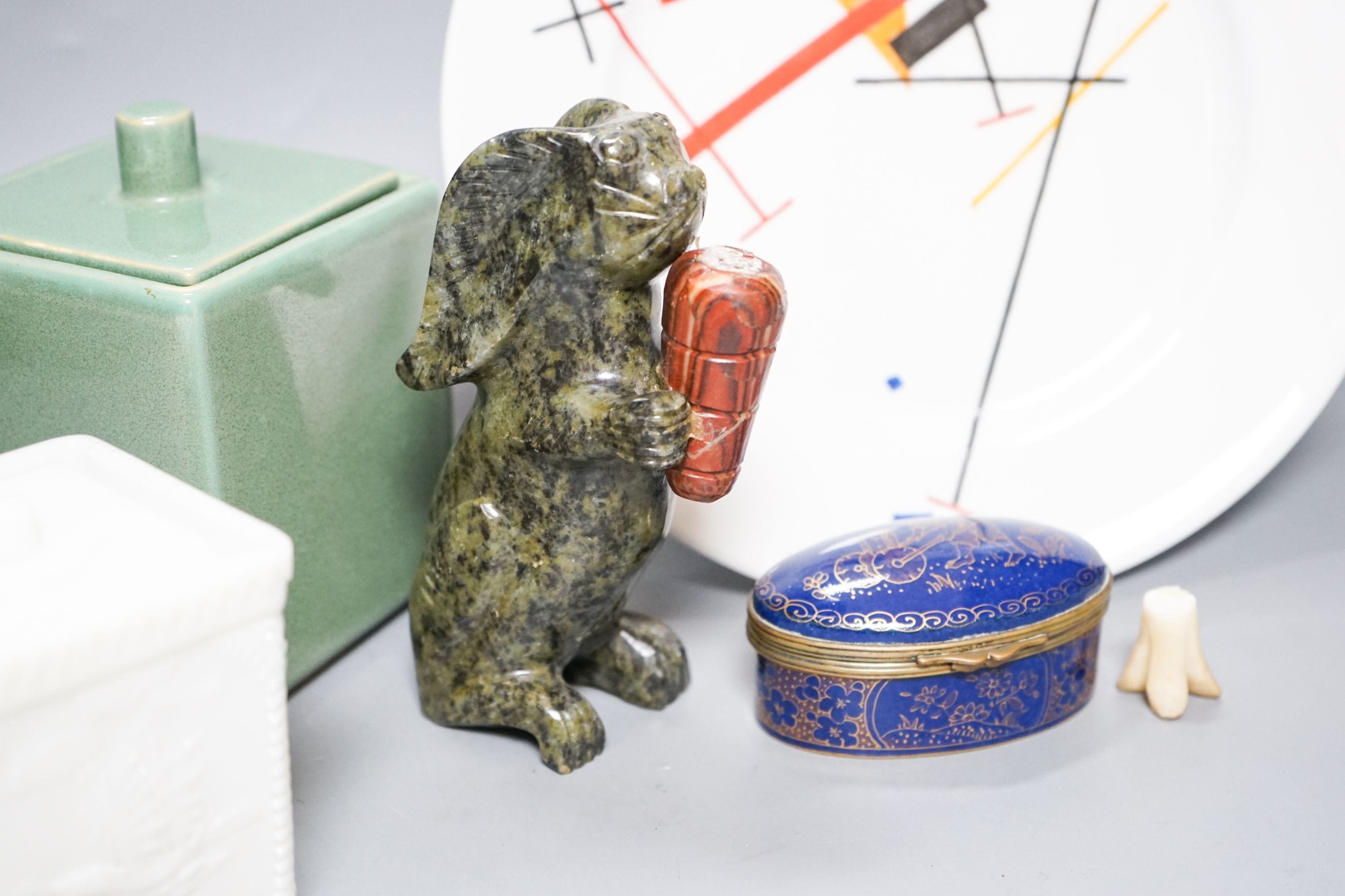 A Suprematist style porcelain plate, 24cm, a powder blue trinket box, two jars and covers and a hardstone figure of a rabbit